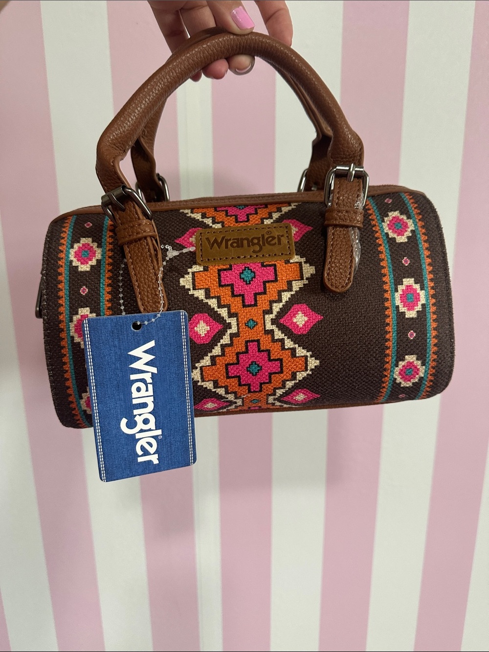Wrangler Brown Handheld Aztec-Pattern Satchel with Pink and Orange Accents